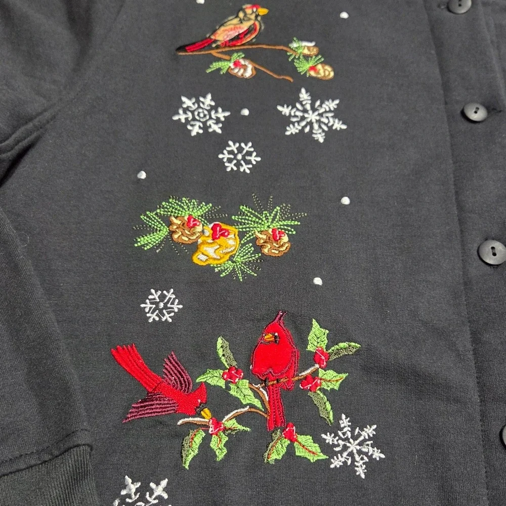 Allison Lane Womens Christmas Cardinal Embroidered Button Front Sweatshirt L NWT